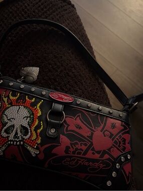 Ed Hardy Black Shoulder Bag with Red Floral & Skull Motif